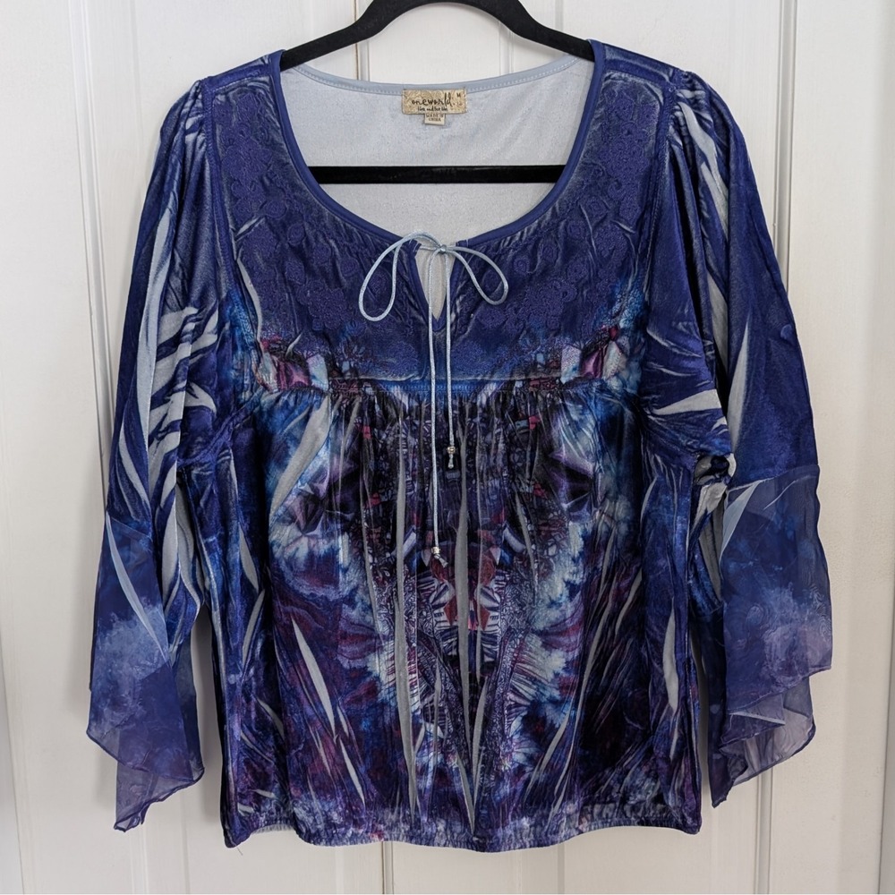 One World Women's Velvet Velour Top Pullover MEDIUM Fairy Boho Hippie PURPLE